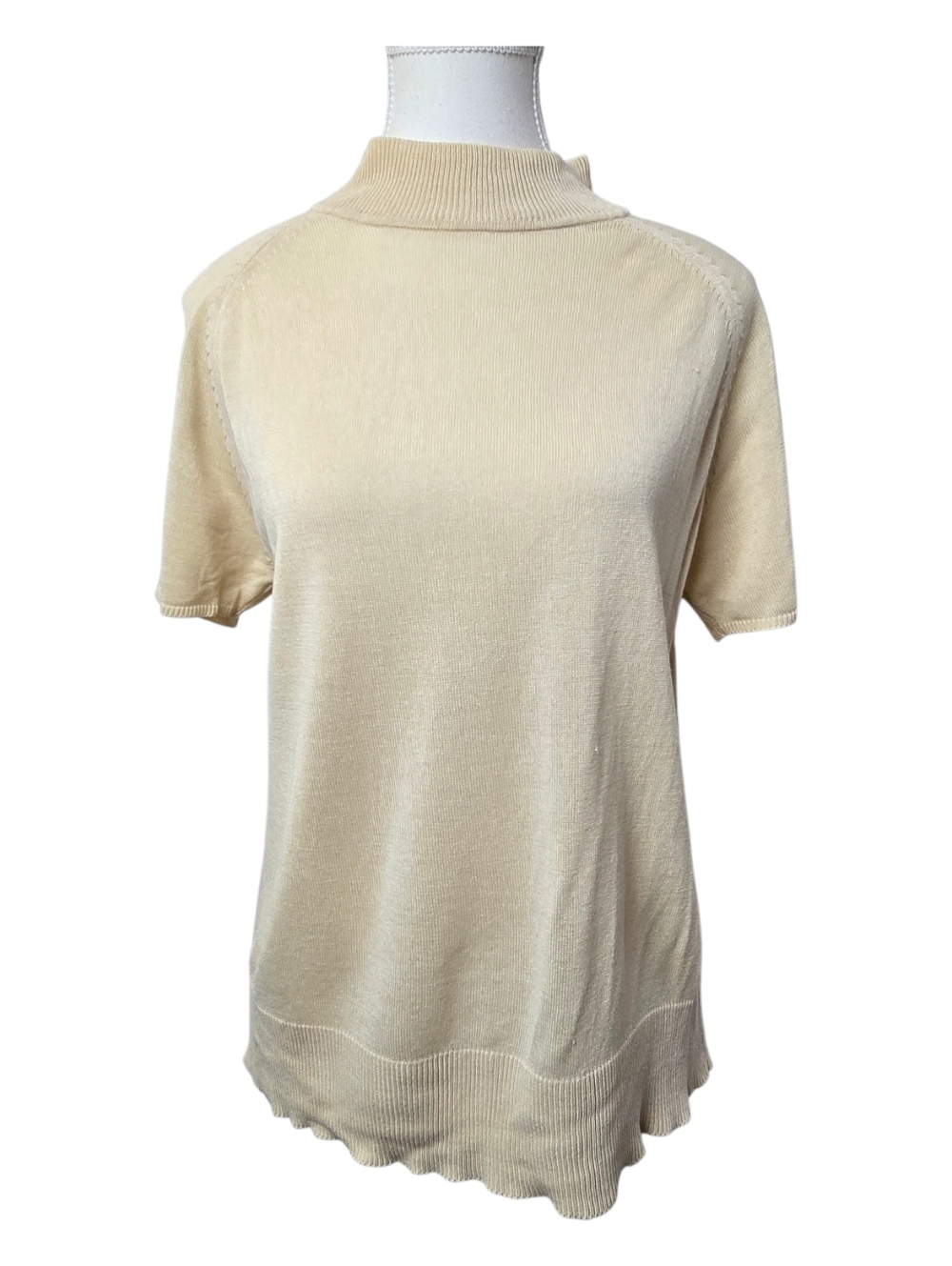 Vintage August Silk Cream Silk Knit Top Sz XL | Mock Neck Short Sleeve Blouse